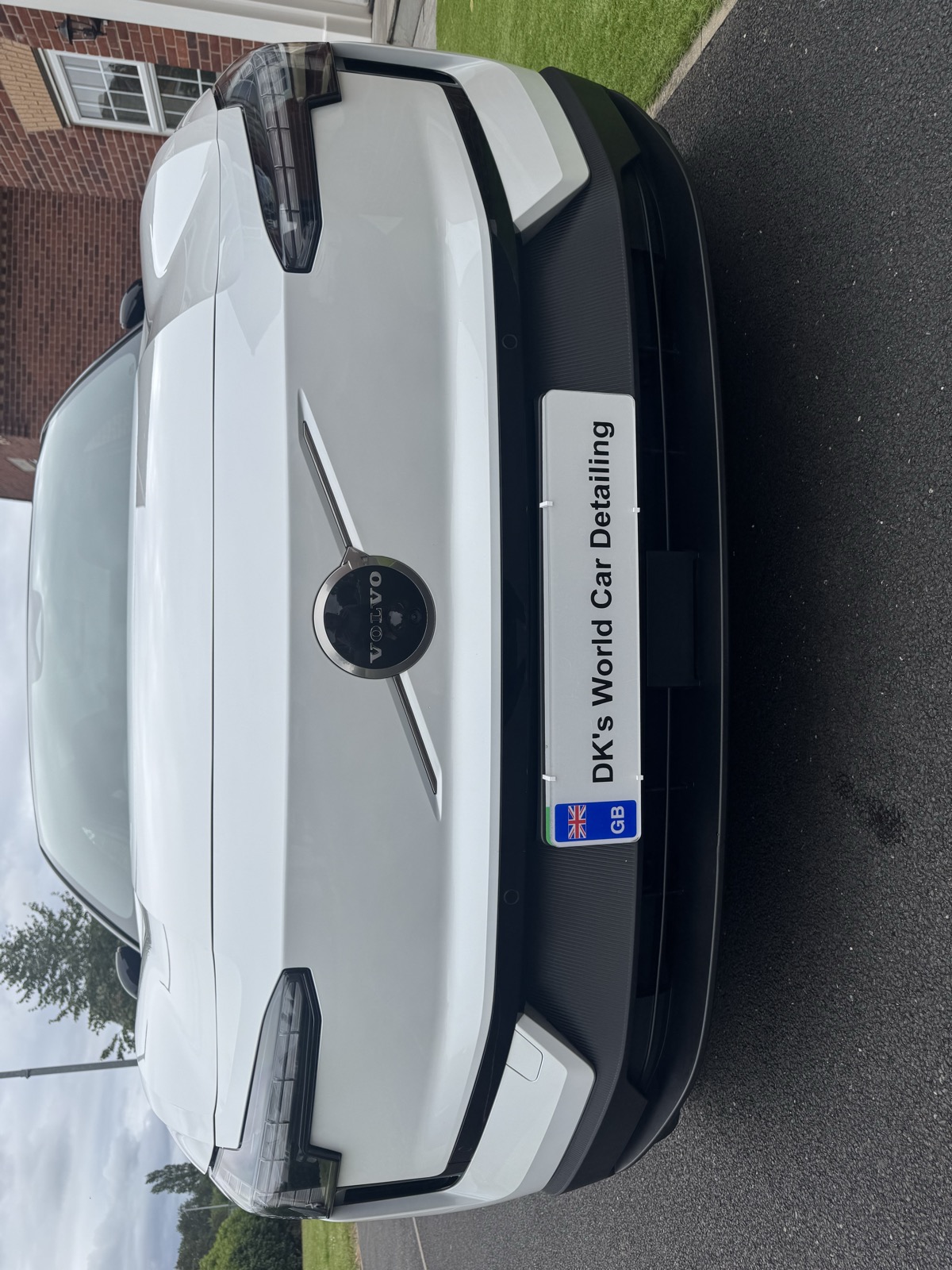 Close-up of a Volvo EX30's front bonnet and badge after detailing in Warrington